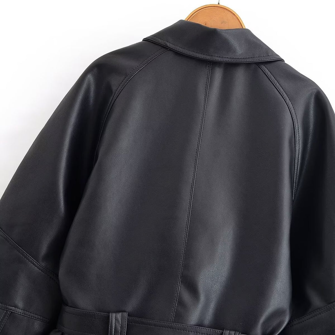 Damen Cropped-Lederoptik-Blouson mit Wickelgürtel, Oversize-Ärmeln und markanten Ziernähten Echo Archiv