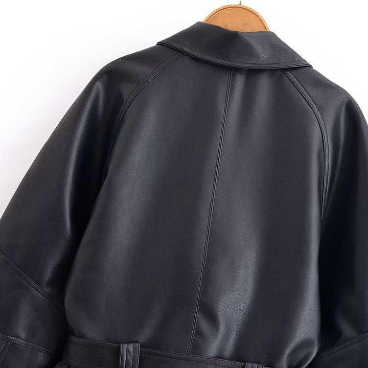 Damen Cropped-Lederoptik-Blouson mit Wickelgürtel, Oversize-Ärmeln und markanten Ziernähten Echo Archiv