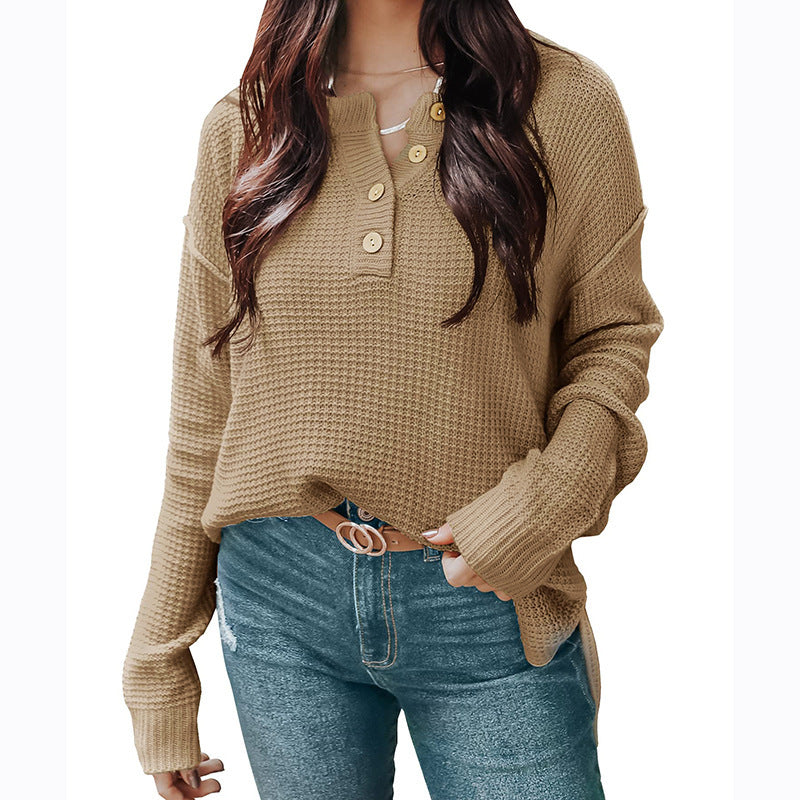 Damen nan lockerer Waffelstruktur Henley Pullover mit Knopfleiste und überschnittener Schulter Echo Archiv