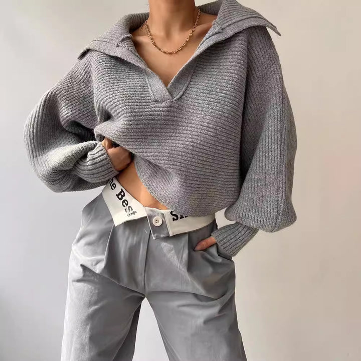 Damen Oversize Rippsweater mit Reverskragen und tiefem V‑Ausschnitt Echoarchiv