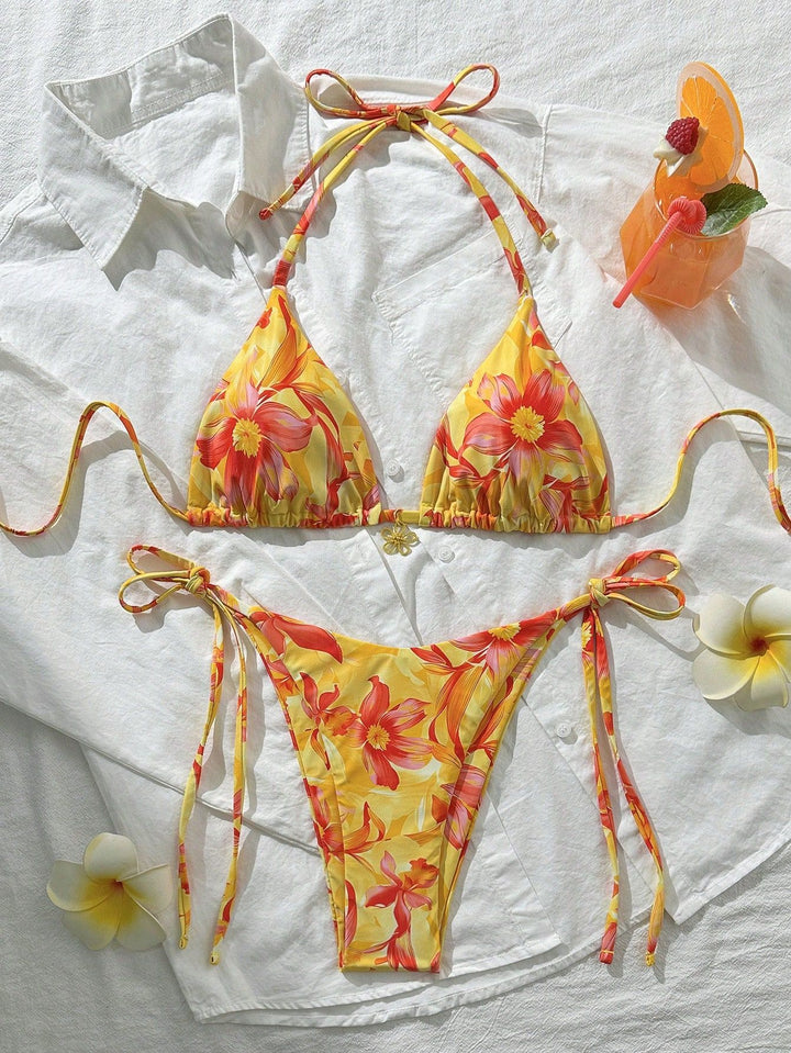 Damen Triangel-Bikini mit floralen Akzenten und raffinierten Bindebändern Echo Archiv