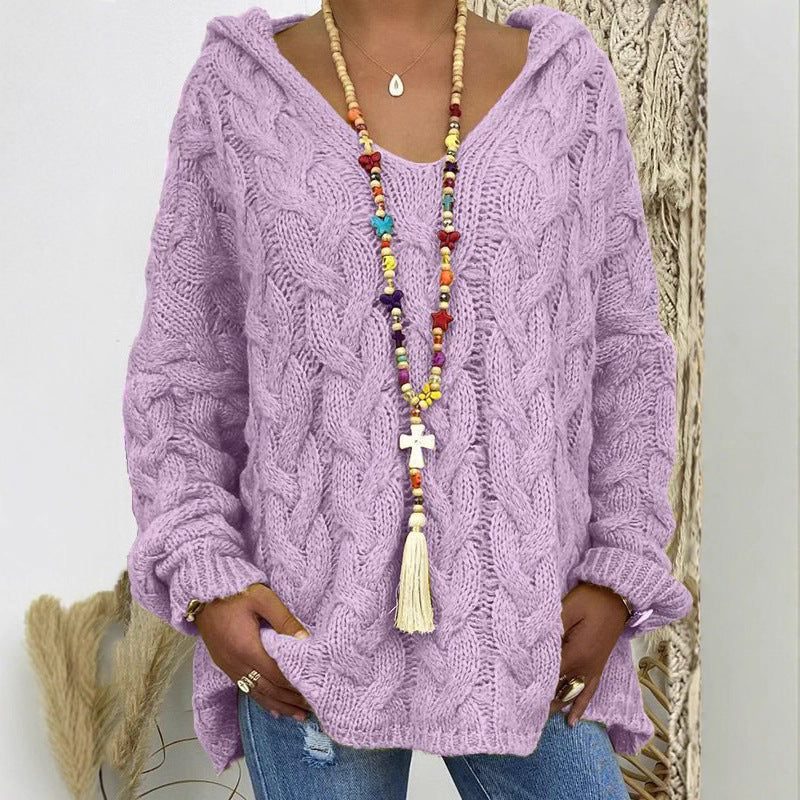 Damen Oversized Zopfmuster-Strickpullover mit Kapuze und lässigem V‑Ausschnitt Echo Archiv