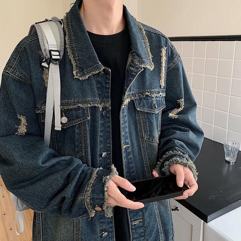 Herren Oversize Jeansjacke mit Used‑Look, ausgefransten Kanten und Druckknöpfen Echo Archiv
