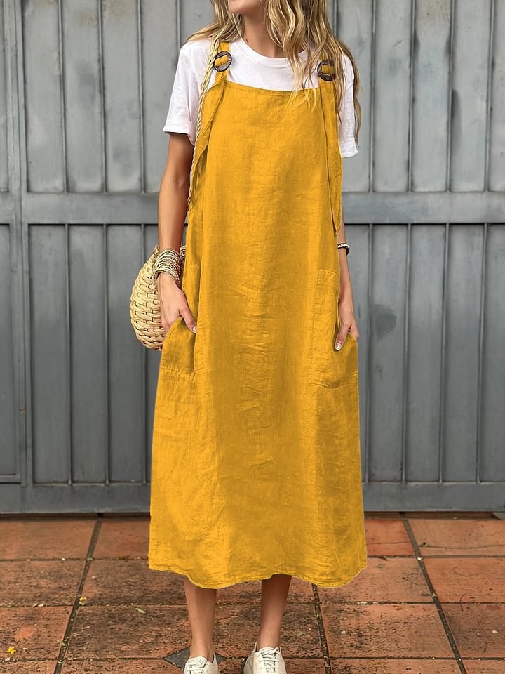 Damen Lässiges Leinen-Latzkleid mit praktischen Seitentaschen und verstellbaren Trägern Echoarchiv