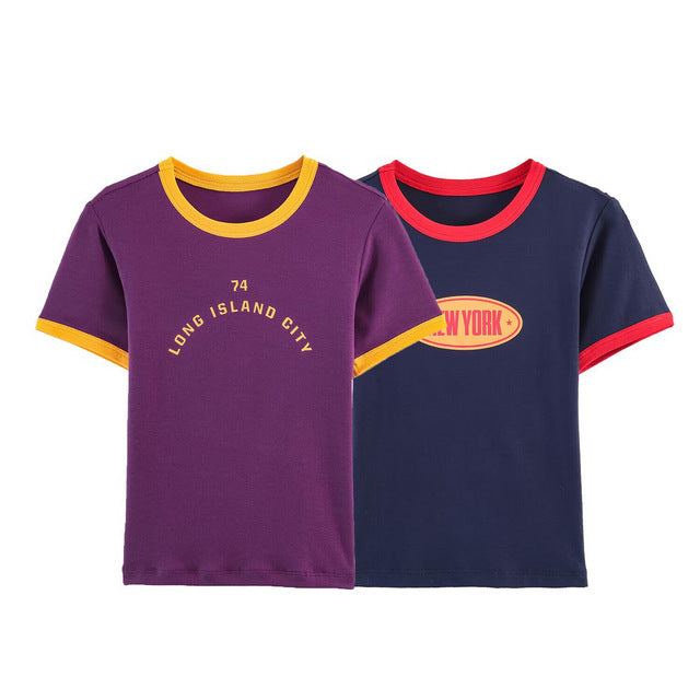 Damen modisches T-Shirt mit kontrastierenden Ärmeln und aufgedrucktem Schriftzug Echo Archiv