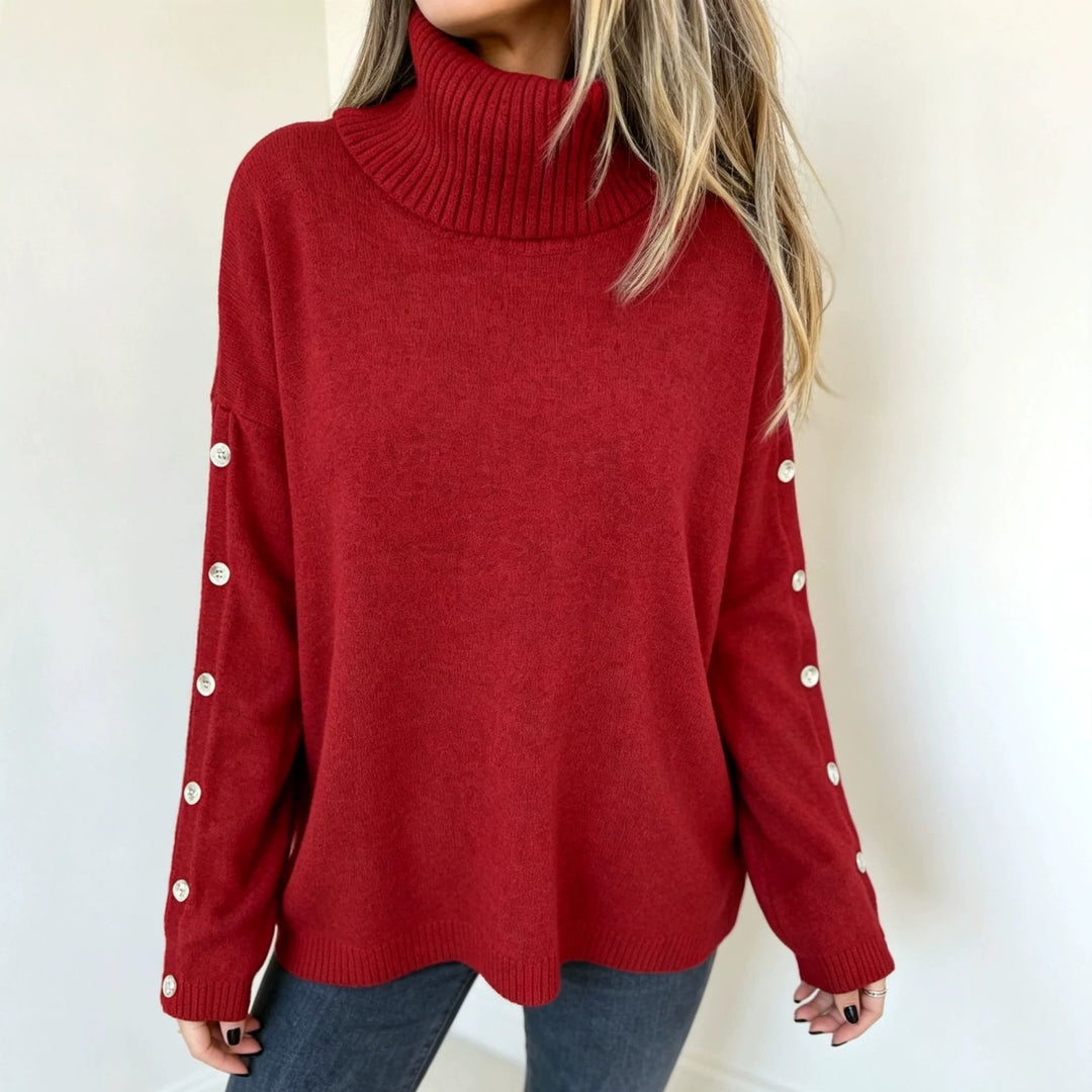 Damen Oversized Rollkragenpullover mit Ärmel-Knopfleiste – Mavelle