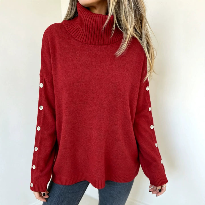 Damen Oversized Rollkragenpullover mit Ärmel-Knopfleiste – Mavelle