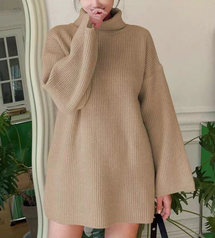 Damen Oversized geripptes Rollkragen‑Strickkleid mit Glockenärmeln – Mavelle