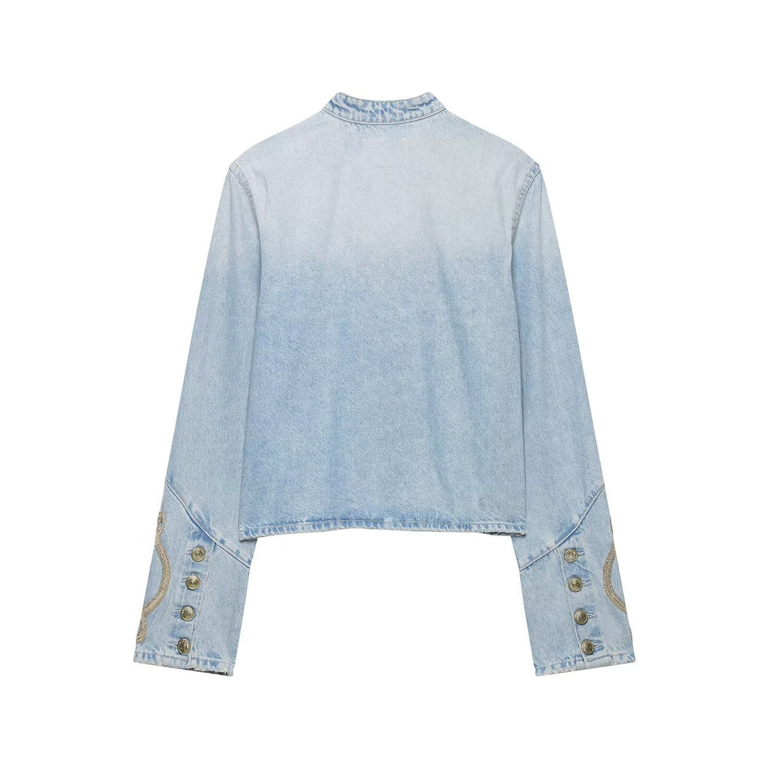 Damen Kurzer Denim-Militärblouson mit dekorativen Kordeln und Stehkragen Echo Archiv