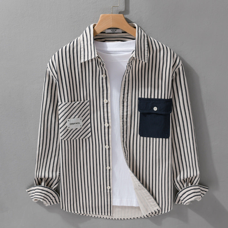 Herren Gestreiftes Overshirt mit Kontrast-Brusttaschen und Kentkragen aus Baumwollmix Echoarchiv