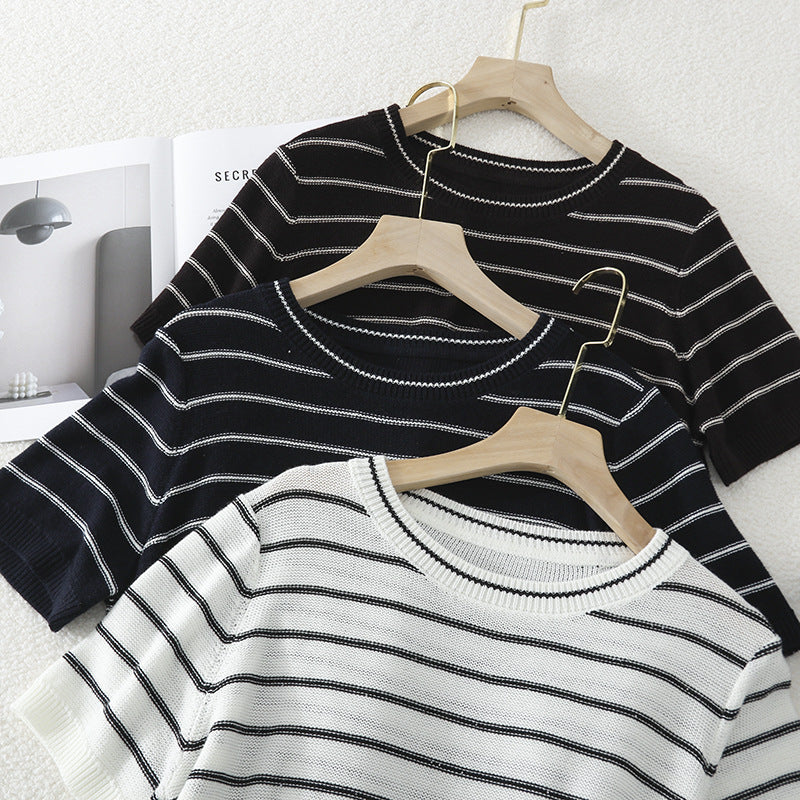 Damen Kurzarm-Feinstrickpullover mit maritimen Streifen Echo Archiv