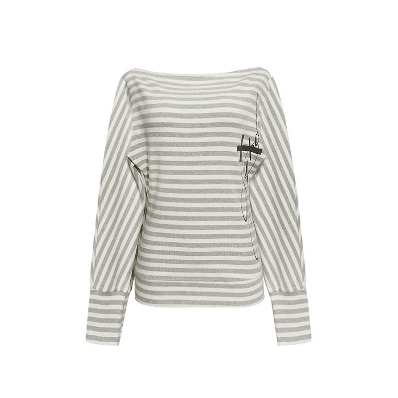 Damen Figurbetontes Streifen-Langarmshirt mit weitem Boot-Ausschnitt und verkürzten Fledermausärmeln Echoarchiv