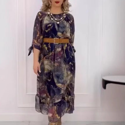 Damen Elegantes Chiffon Maxikleid mit floralen Akzenten, gestuftem Rock und 3/4-Ärmeln Echoarchiv