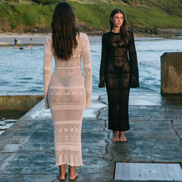 Damen Häkel-Strandkleid mit langem Schnitt und Boxermuster Echo Archiv