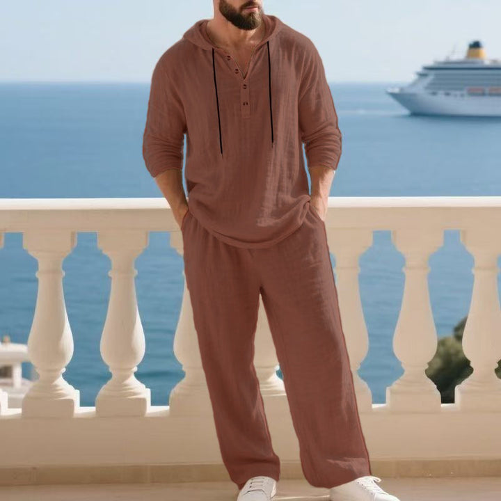 Herren nan lässiges Leinenzweiteiler-Set mit Kapuzenhemd im Henley-Stil und weiten Freizeit-Hosen Echo Archiv