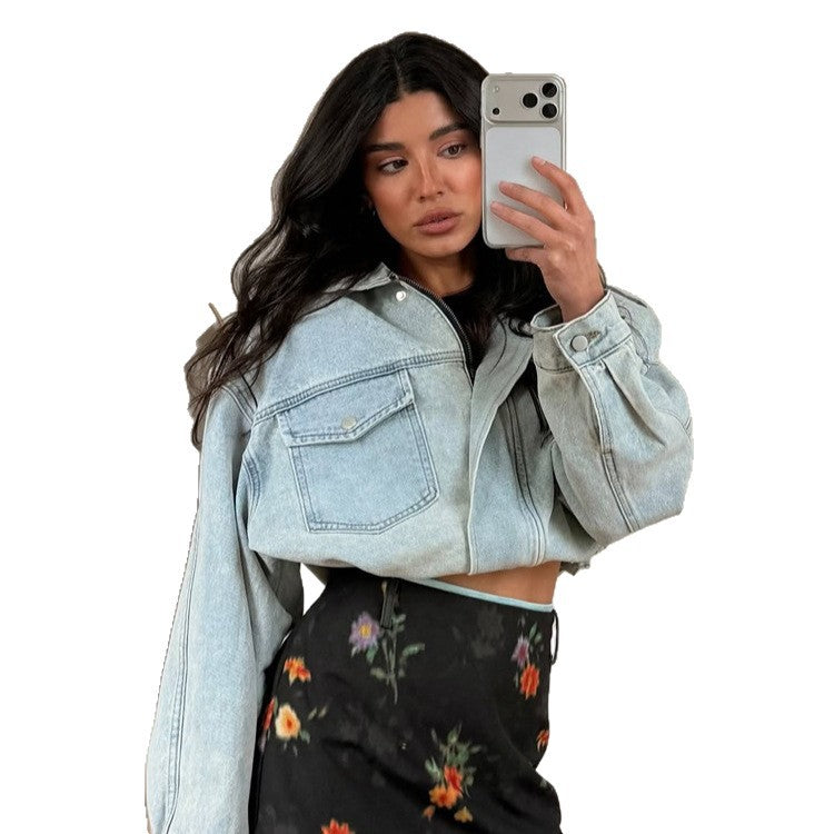 Damen Cropped-Denimjacke mit Tunnelzug, kastiger Oversize-Silhouette & Pattentaschen Echoarchiv