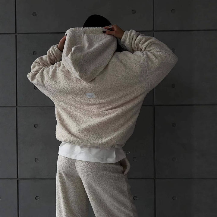 Damen Kuscheliges Sherpa-Loungewear-Set mit Oversized-Kapuzenpullover und weiten Bündchenhosen – Auréline