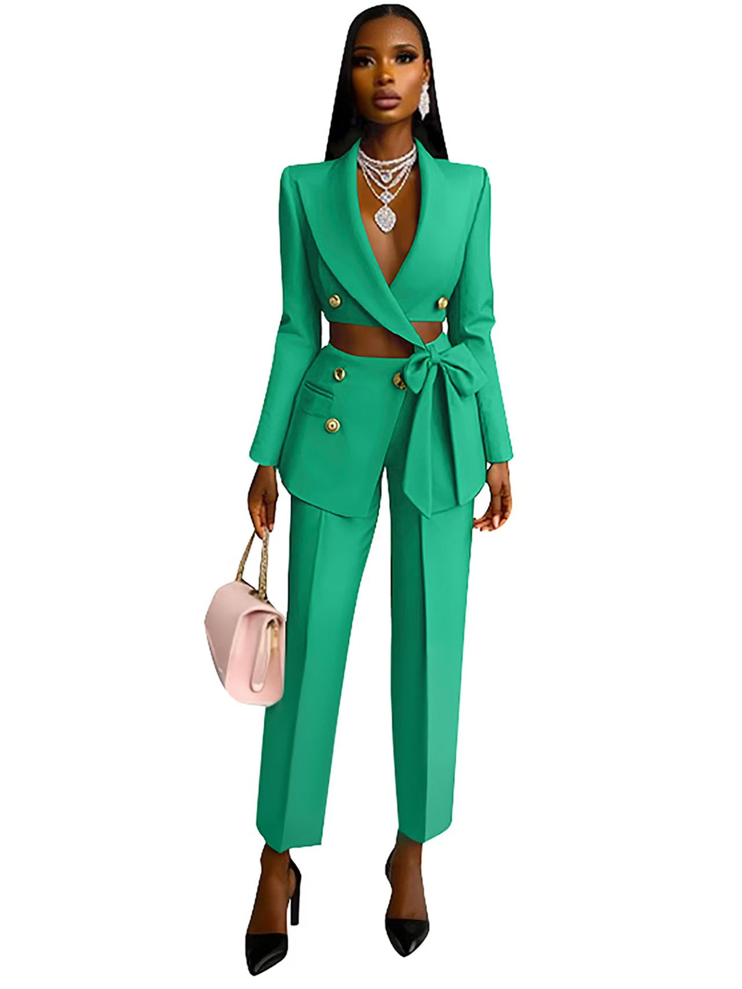 Damen Taillierter Crop-Blazer mit Zierschleife, Doppelreiher und Hochtaillierter Hose – Valéne
