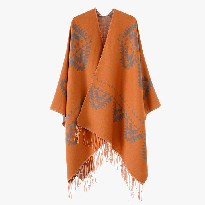 Damen Grobgewebter Jacquard-Umhang im Oversize mit Zipfelsaum und Fransensaum Echo Archiv