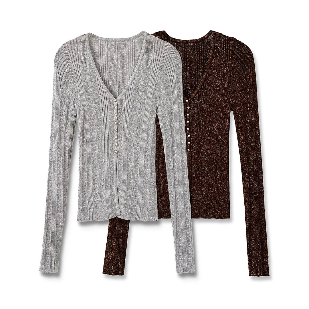 Damen Figurbetonter gerippter Feinstrick-Cardigan mit V‑Ausschnitt, Glanzfaden und Zierknopfleiste Echoarchiv