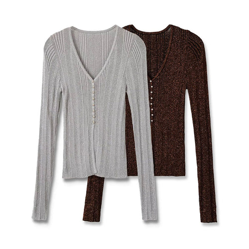 Damen Figurbetonter gerippter Feinstrick-Cardigan mit V‑Ausschnitt, Glanzfaden und Zierknopfleiste Echoarchiv