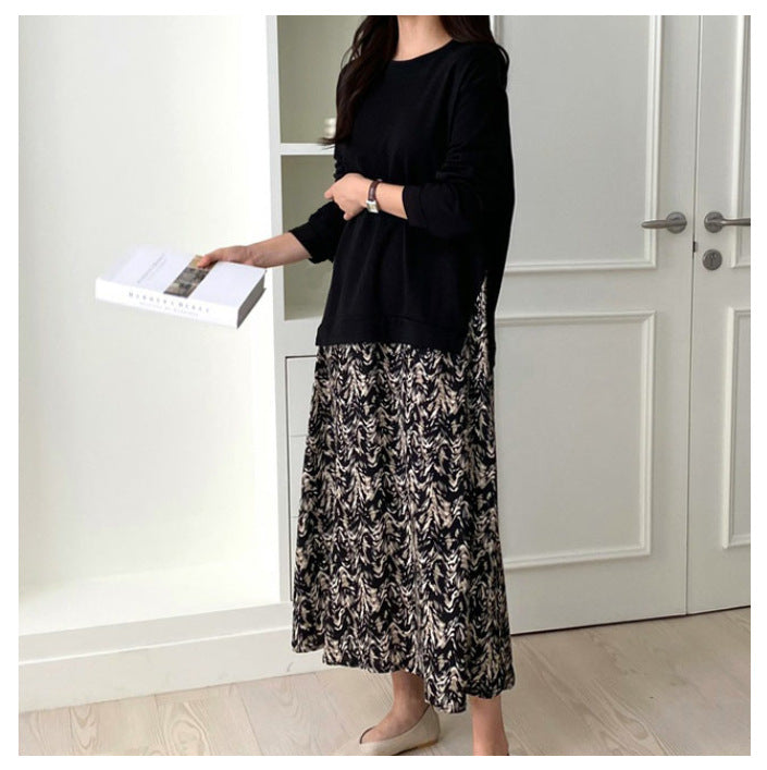Damen nan lässiges Lagenkleid mit Sweatshirtoberteil und bedrucktem Midirock Echo Archiv