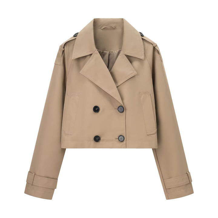 Damen nan kurze taillierte Doppelreiher-Trenchjacke im Boxy-Cropped-Schnitt mit Schulterpatten und verstellbaren Manschetten Echo Archiv