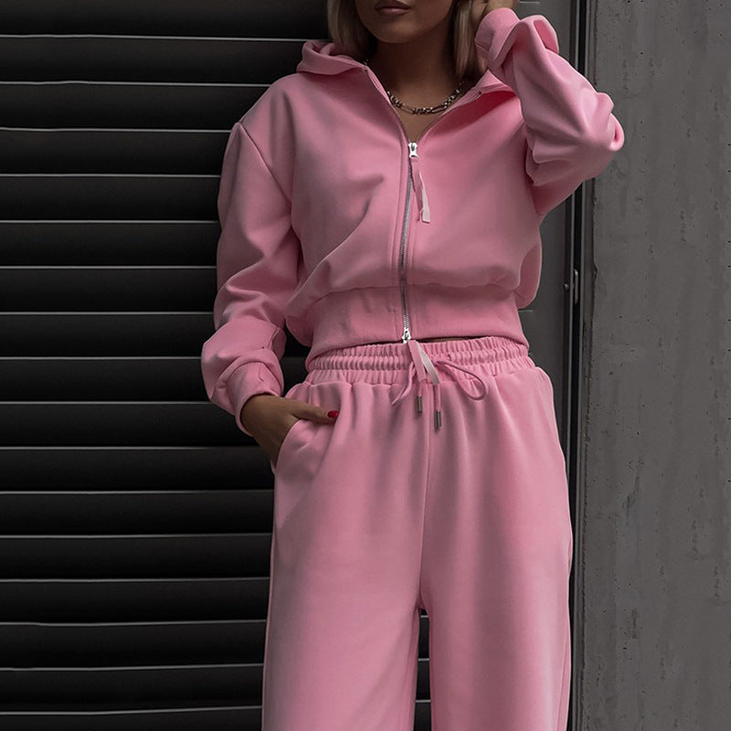 Damen Zweiteiliges Loungewear-Set mit kurzem Zip-Bomber und weiter High-Waist-Palazzohose – Élanora