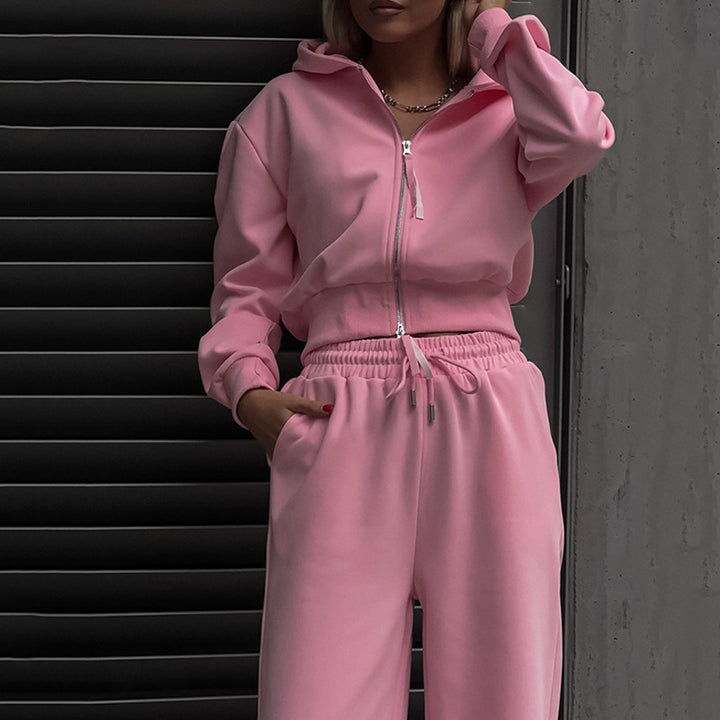 Damen Zweiteiliges Loungewear-Set mit kurzem Zip-Bomber und weiter High-Waist-Palazzohose – Élanora