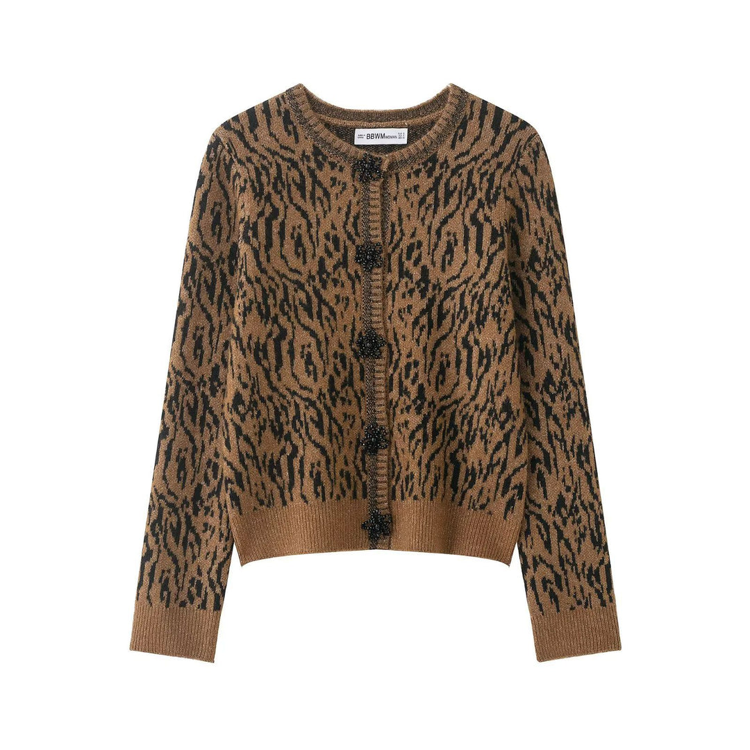 Damen nan kurzgeschnittene Jacquard-Strickjacke mit Zierperlenknöpfen Echo Archiv