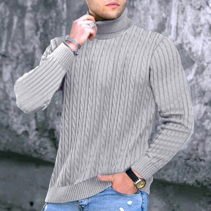 Herren eleganter Rollkragenpullover mit exquisiter Zopfmusterstruktur Echoarchiv