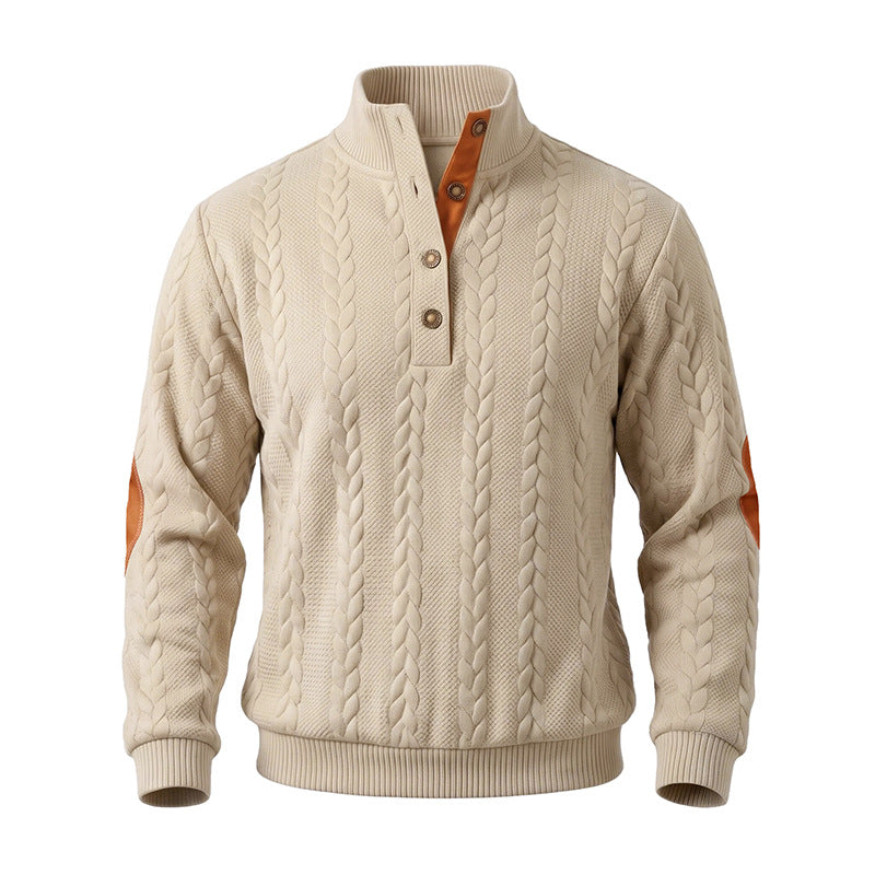 Herren Troyer-Pullover mit Zopfmuster, Ellbogen‑Patches und kontrastierter Knopfleiste Echoarchiv