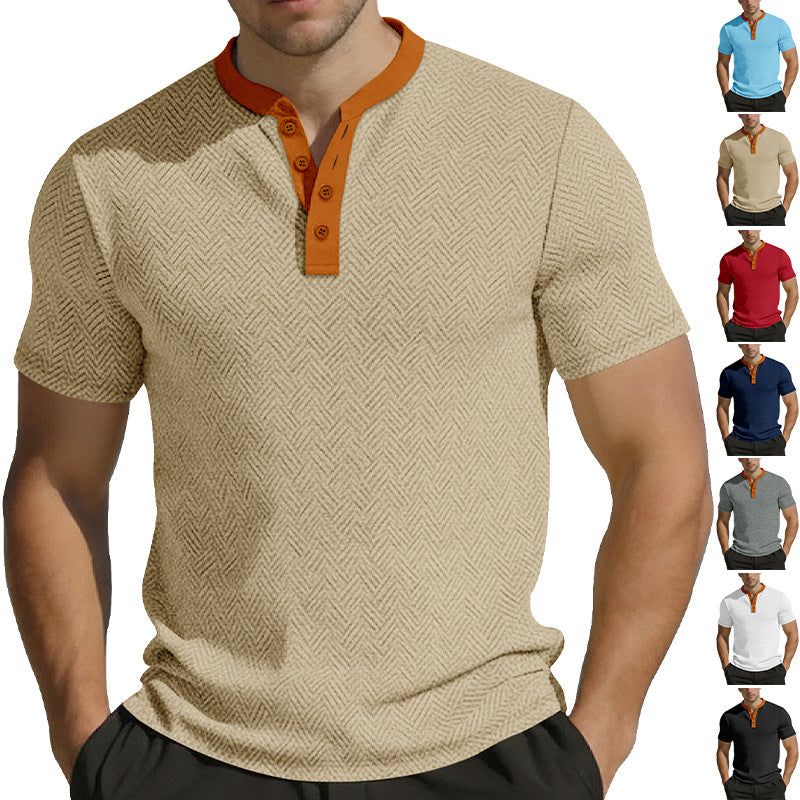 Herren nan schlankes Kurzarm-Henley-Poloshirt mit Mandarin-Kragen und feiner Jacquardstruktur Echo Archiv
