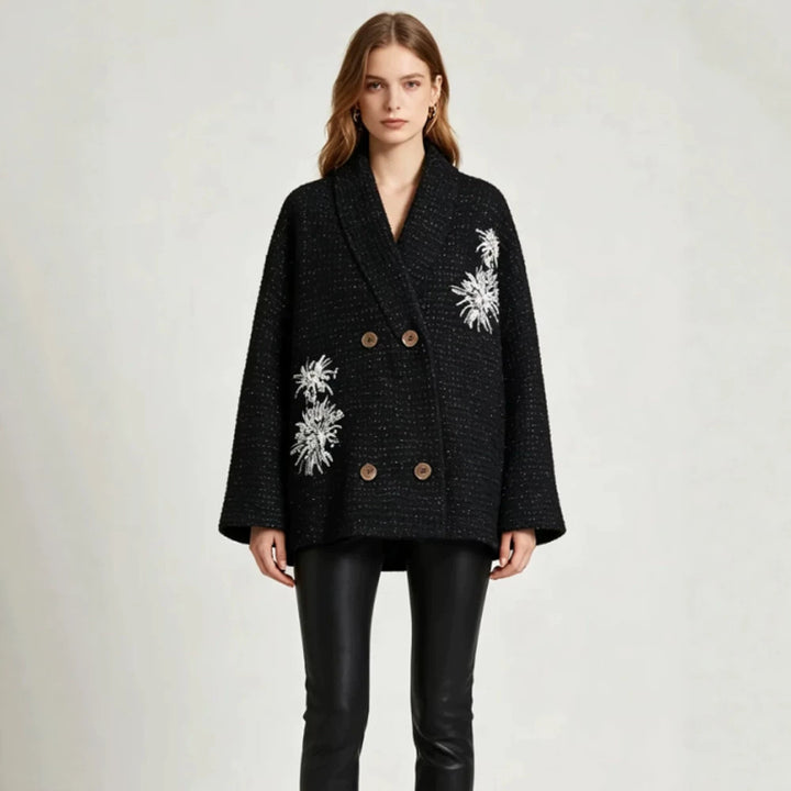Damen Oversize-Bouclé-Manteljacke mit Schalkragen und floraler Stickerei Echoarchiv