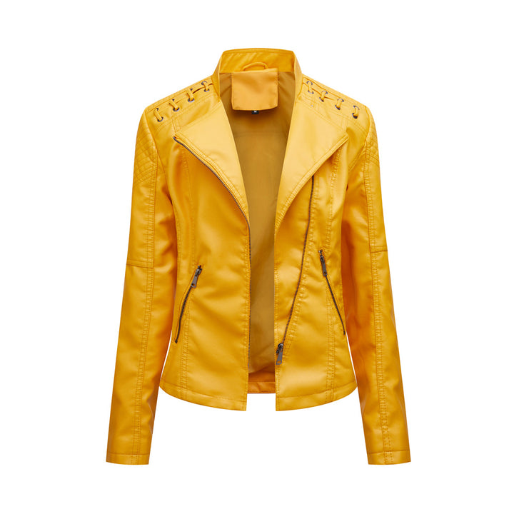 Damen nan kurze Bikerjacke aus Kunstleder mit dekorativen Ösenschnürungen an den Schultern Echo Archiv