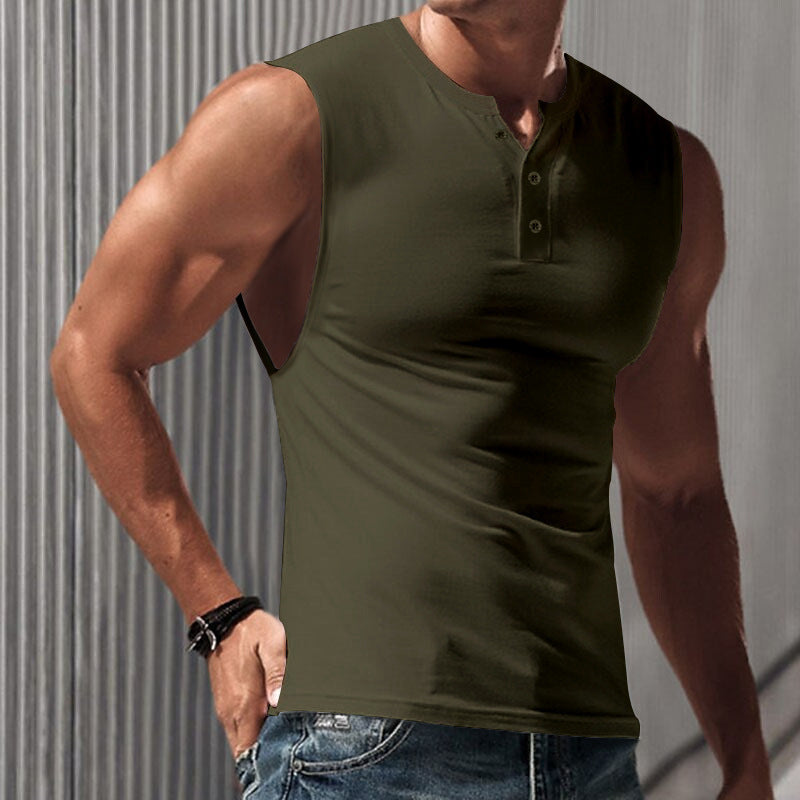 Herren nan ärmelloses Muskelshirt mit Henley-Knopfleiste, tiefem Armausschnitt und elastischem Baumwollmix Echo Archiv