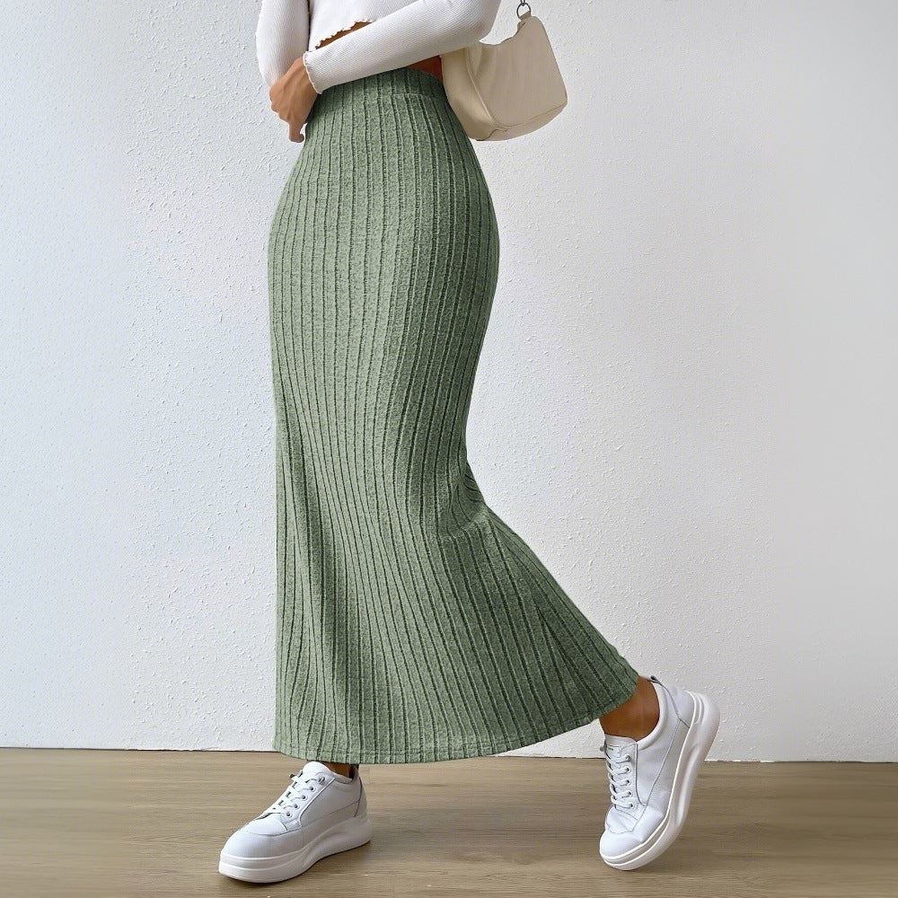 Damen gerippter Midirock mit hohem Bund und figurumspielender A-Linie – Rosévia