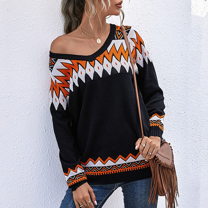Damen Oversize Strickpullover mit geometrischem Aztekenmuster und asymmetrischem schulterfreiem Ausschnitt Echoarchiv