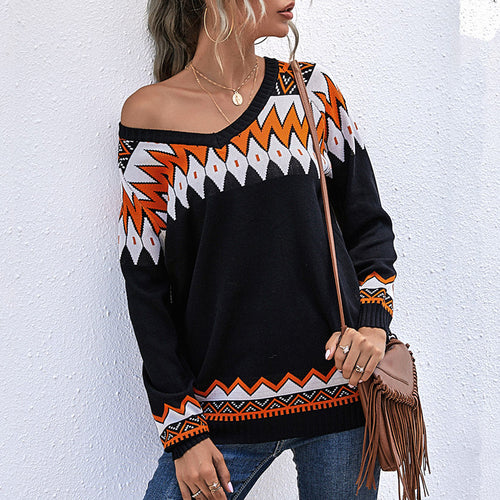 Damen Oversize Strickpullover mit geometrischem Aztekenmuster und asymmetrischem schulterfreiem Ausschnitt Echoarchiv