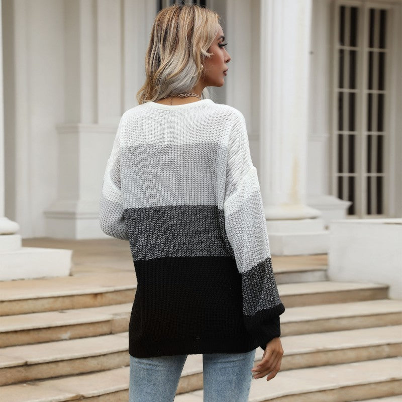 Damen Oversize-Colorblock-Strickpullover mit geradem Saum und Ballonärmeln Echoarchiv