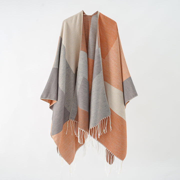 Damen Großer Wolloptik-Poncho mit geometrischem Blockmuster und Fransensaum – Célinea