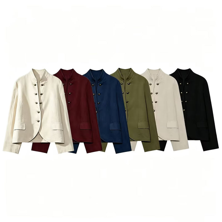 Damen Elegante Kurzjacke mit Stehkragen, Zierriegelknöpfen und Pattentaschen Echo Archiv