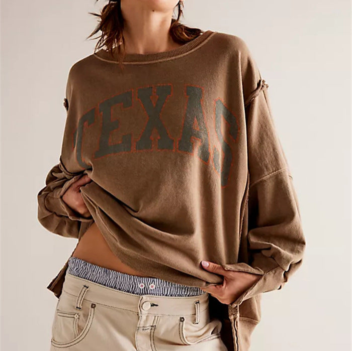 Damen oversized Sweatshirt mit Rüben-Print, ausgefransten Nahtakzenten und Daumenlochärmeln – Avérine