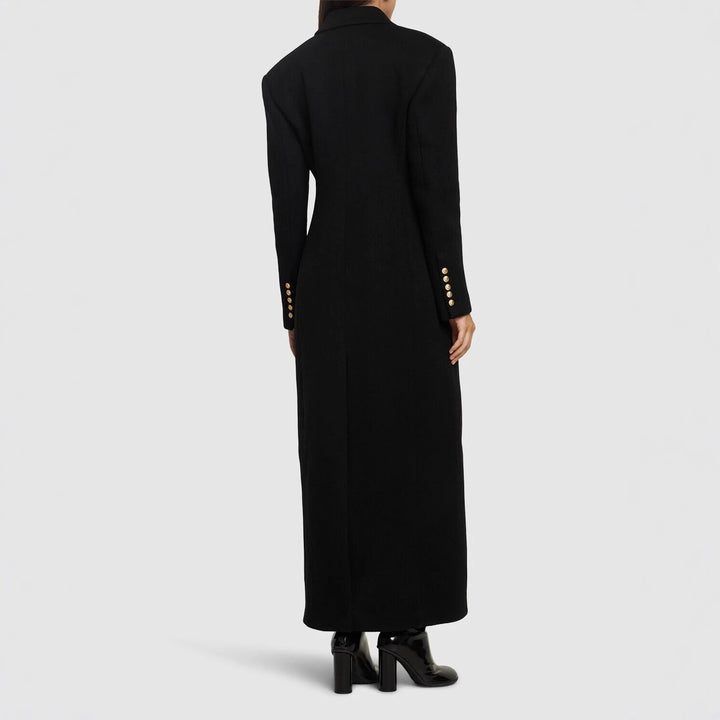 Damen Maxi-Mantelkleid mit markanter Schulterpartie und goldenen Zierknöpfen Echoarchiv