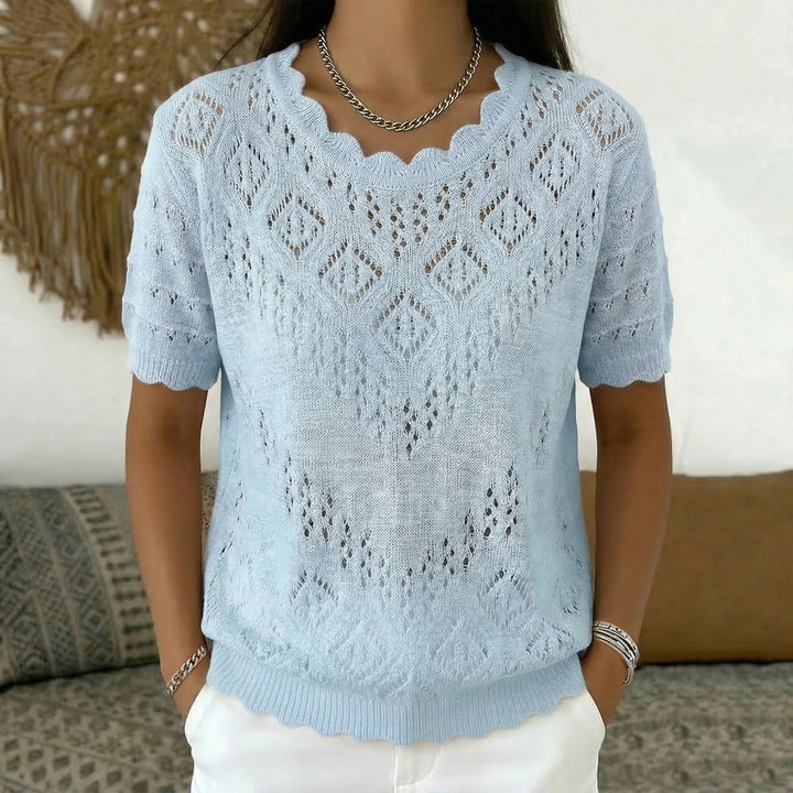 Damen nan kurzärmeliger Spitzenstrickpullover mit Ajourmuster und geschwungenem Ausschnitt Echo Archiv