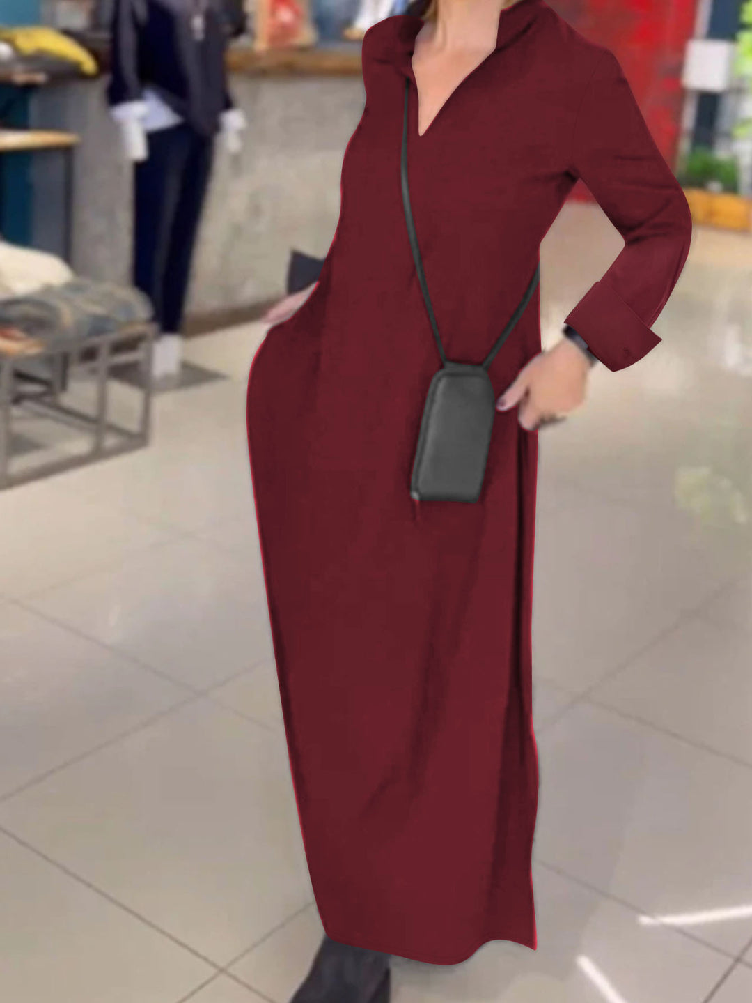 Damen Fließendes Maxikleid mit Stehkragen‑V‑Ausschnitt, langen Ärmeln und seitlichen Eingrifftaschen – Valéora