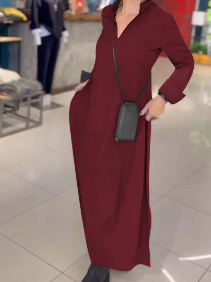 Damen Kragenblusenkleid mit V-Ausschnitt, Eingrifftaschen und seitlichen Schlitzen – Lunéa