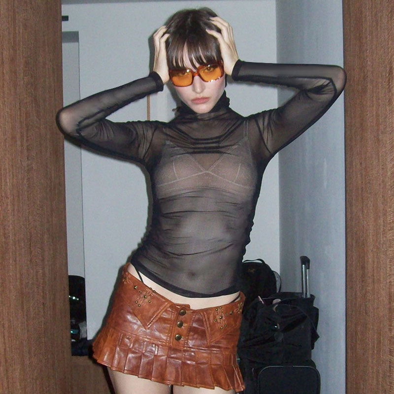 Damen trendiges, transparentes Longsleeve-Oberteil mit Stehkragen und Designfalten Echo Archiv