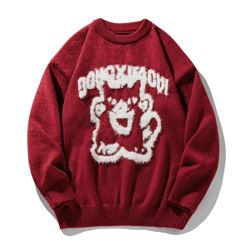 Unisex Oversize‑Strickpullover mit dreidimensionalem Flauschmotiv Katze und geripptem Saum Echo Archiv