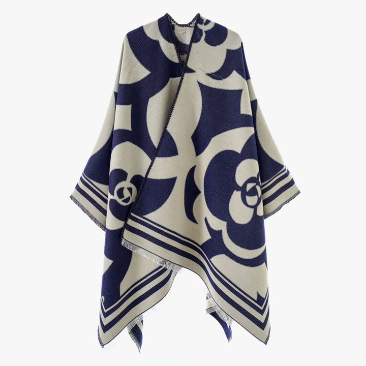 Damen Grobgewebter Jacquard-Überwurf mit großflächigem Ornamentmuster und Zierfransen – Avérine